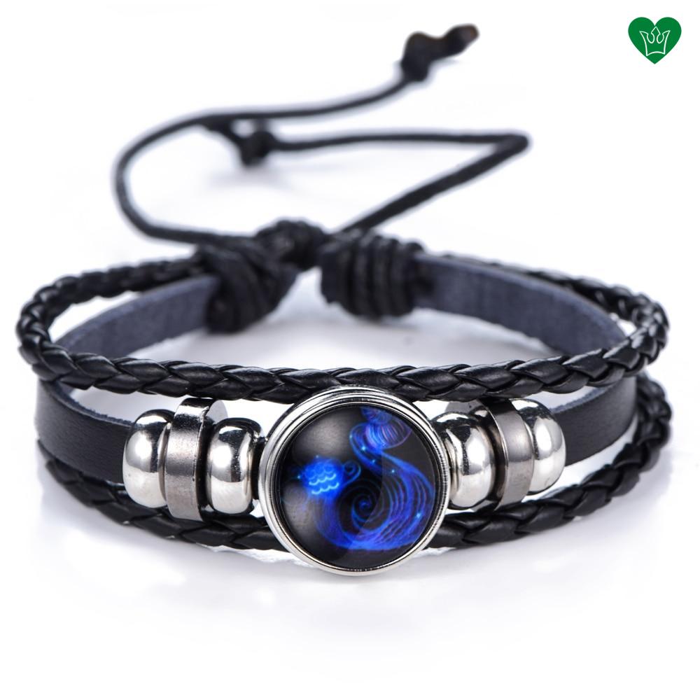 Bracelet en Cuir Noir Signe du Zodiaque Verseau Bleu sous Verre