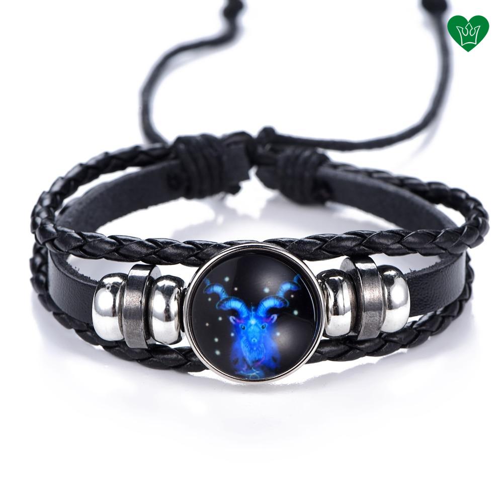 Bracelet en Cuir Noir Signe du Zodiaque Capricorne Bleu sous Verre