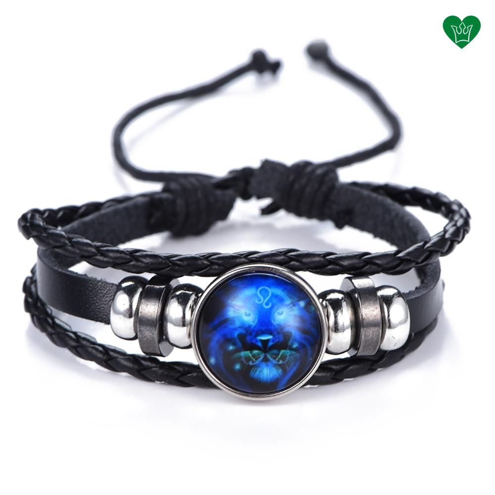 Bracelet en Cuir Noir Signe du Zodiaque Lion Bleu sous Verre