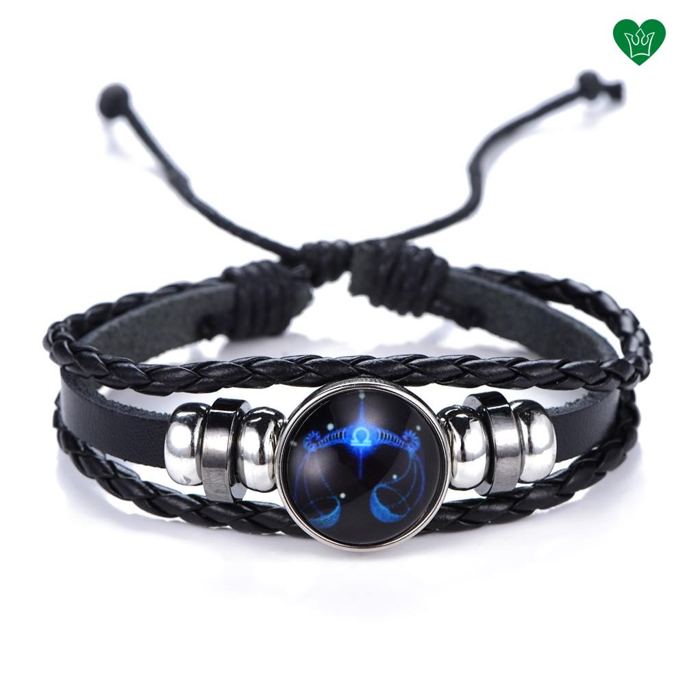 Bracelet en Cuir Noir Signe du Zodiaque Balance Bleu sous Verre