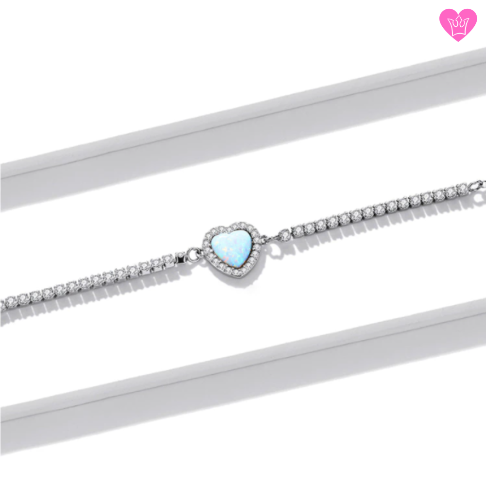 925 Silver Forçat Chain Opal Heart Bracelet