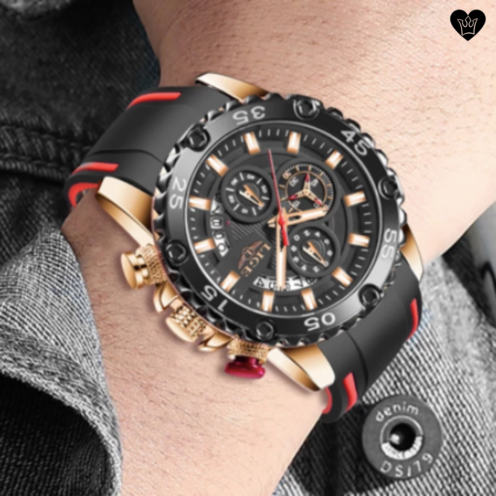 Men s LIGE Watch Large Dial Black and Red Silicone Strap