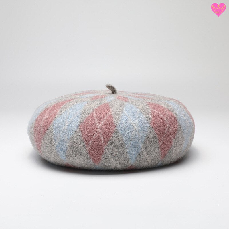 Béret Cézanne en feutre de laine de mouton imprimé plaid en losange - coloris rose