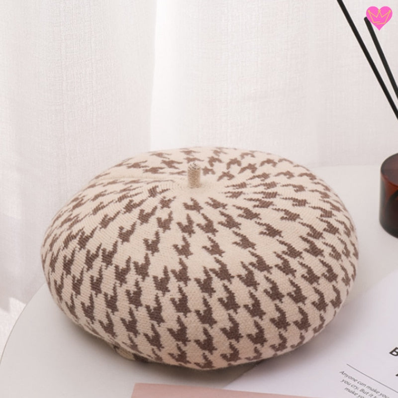 Béret Cueco à pied de poule avec cabillou au style français en laine pour femme - coloris beige