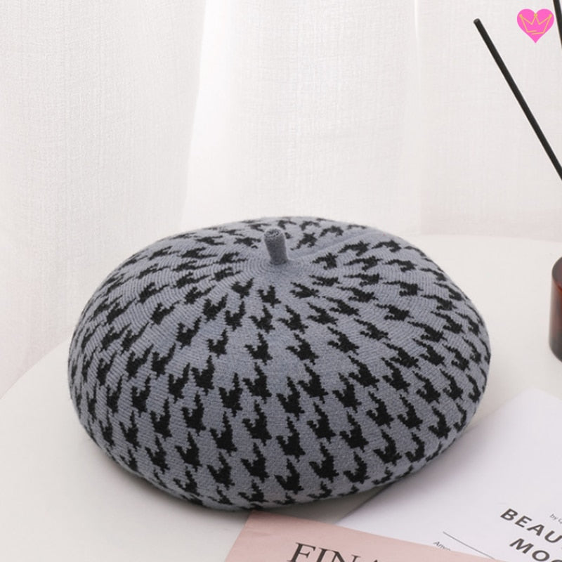 Béret Cueco à pied de poule avec cabillou au style français en laine pour femme - coloris gris