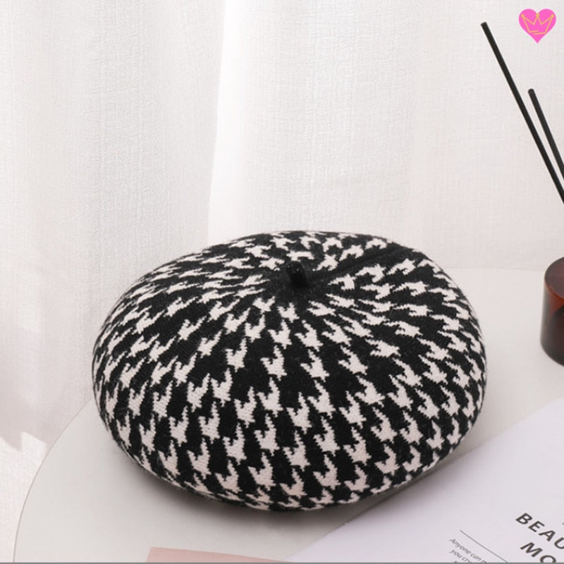 Béret Cueco à pied de poule avec cabillou au style français en laine pour femme - coloris noir