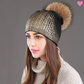 Bonnet ambré avec doublure en laine cachemire coton et acrylique - pompon naturel - bonnet coloris or et noir