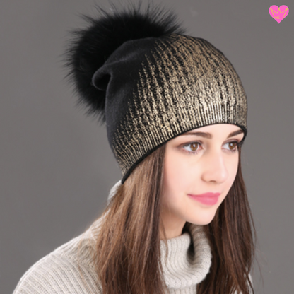 Bonnet ambré avec doublure en laine cachemire coton et acrylique - pompon véritable fourrure noire - bonnet coloris or et noir