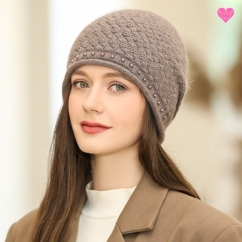 Bonnet Aspen avec perles comme déco - bonnet tricoté en laine de lapin et acrylique - chaud et doux