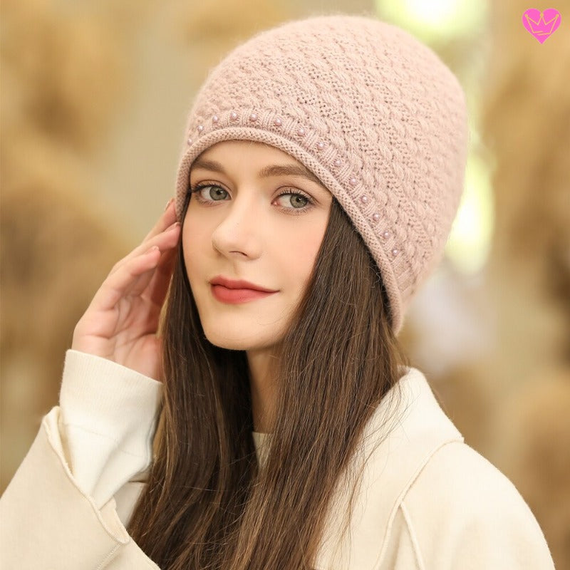Bonnet Aspen avec bordure de perles décoratives - tricoté en laine Angora de lapin et acrylique - coloris rose clair