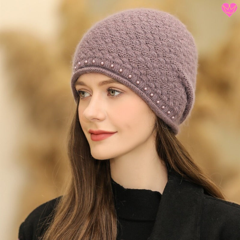 Bonnet Aspen avec bordure de perles décoratives - tricoté en laine Angora de lapin et acrylique - coloris violet clair