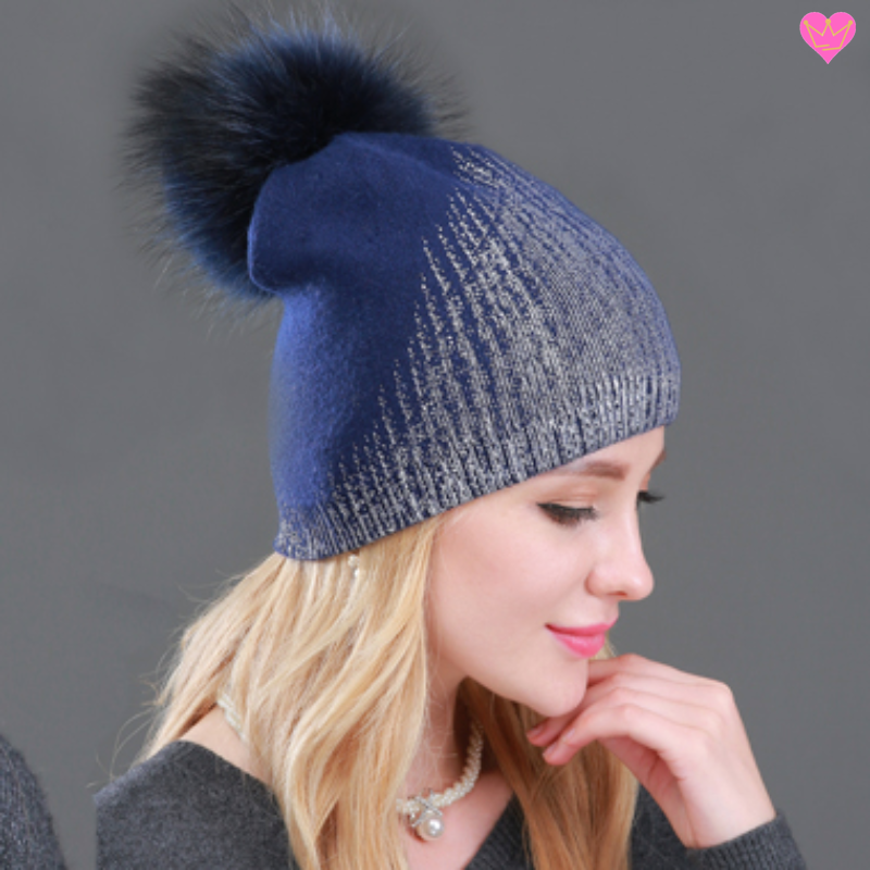 Bonnet brillant doublé en laine cachemire coton et acrylique avec pompon bleu naturel - bonnet coloris bleu et argent