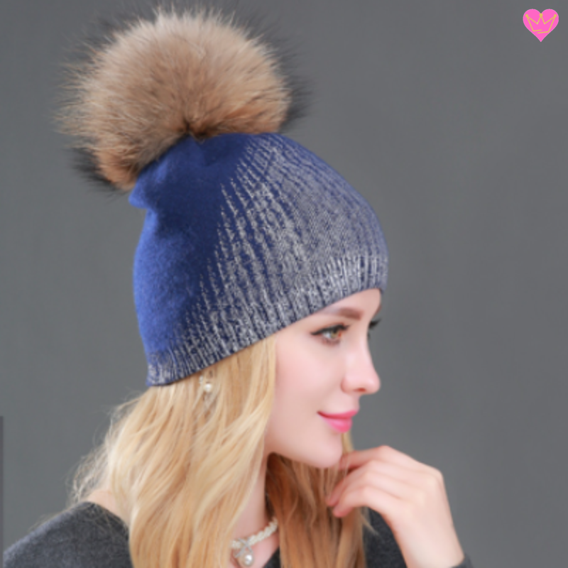 Bonnet brillant doublé en laine cachemire coton et acrylique avec pompon naturel - bonnet coloris bleu et argent
