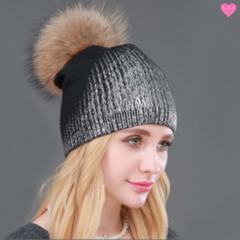 Bonnet brillant doublé en laine cachemire coton et acrylique avec pompon naturel - bonnet coloris noir et argent
