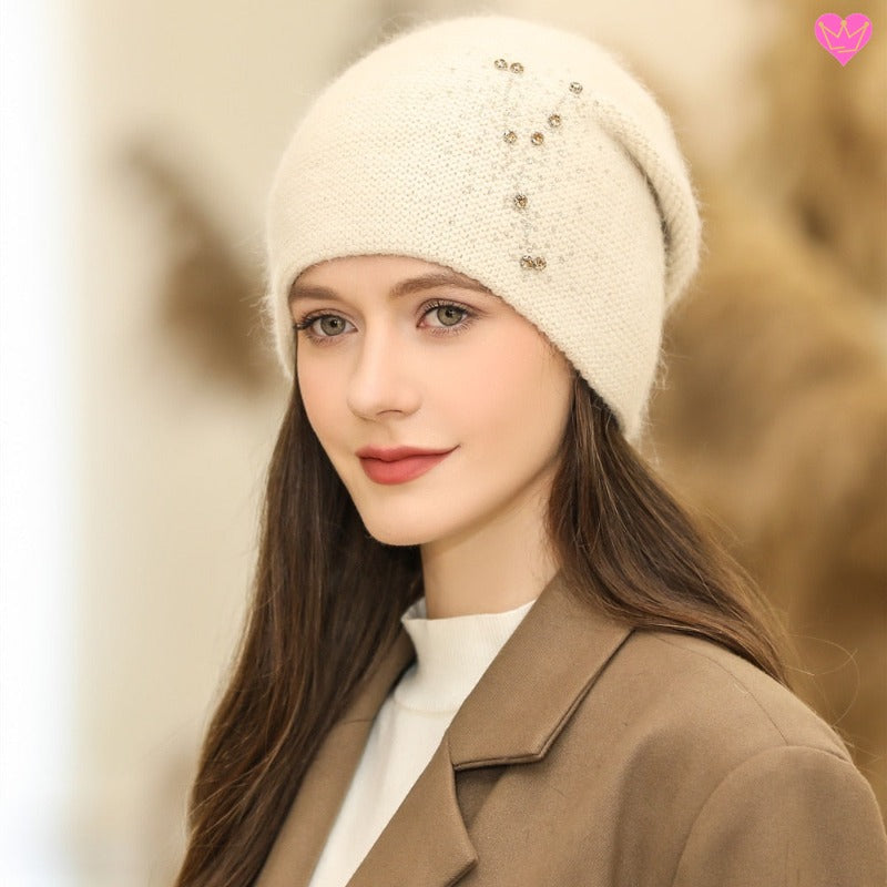 Bonnet constellation en laine de lapin angora et acrylique de qualité pour femme - coloris beige