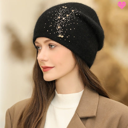 Bonnet constellation en laine de lapin angora et acrylique de qualité pour femme - coloris noir