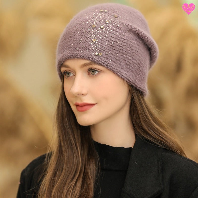 Bonnet constellation en laine de lapin angora et acrylique de qualité pour femme - coloris violet clair