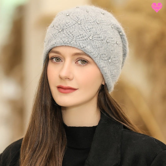 Bonnet Davos avec strass pour femme tricoté en laine Angora - coloris gris clair