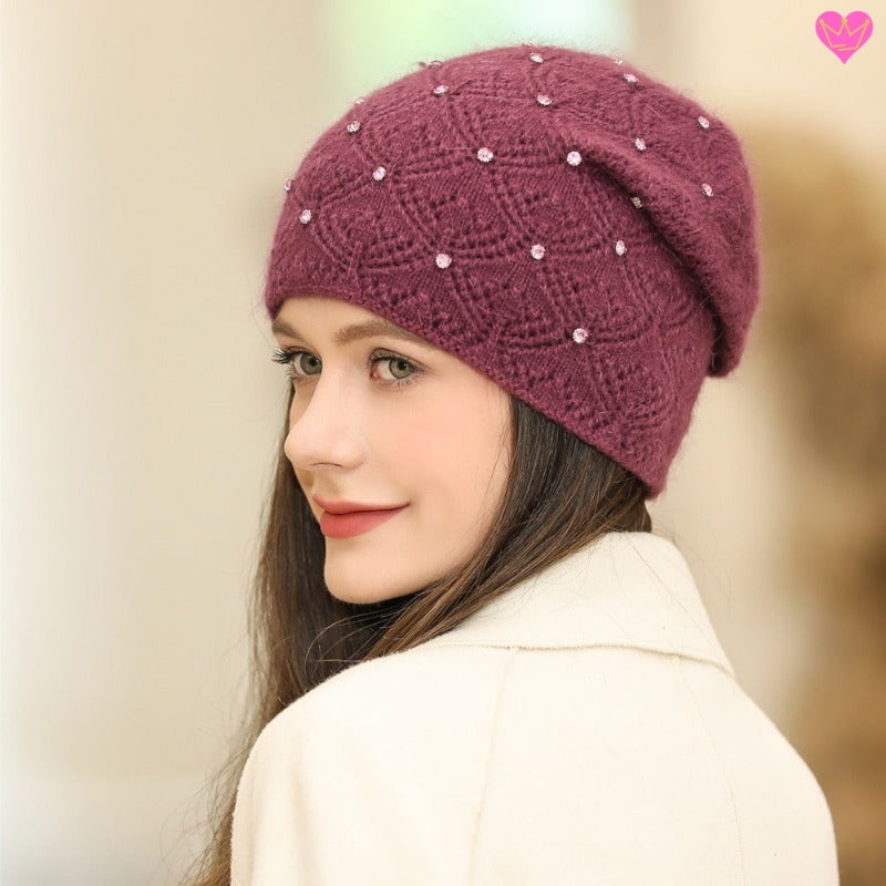 Bonnet Davos avec strass pour femme tricoté en laine Angora - coloris pourpre
