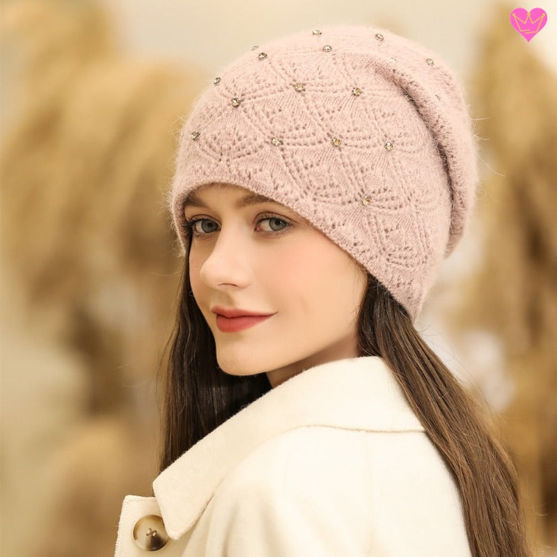 Bonnet Davos avec strass pour femme tricoté en laine Angora - coloris rose pâle
