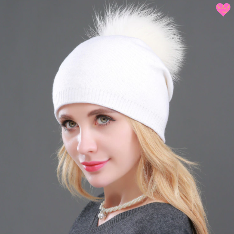 bonnet avec doublure en laine cachemire et acrylique - pompon blanc naturel - bonnet coloris blanc