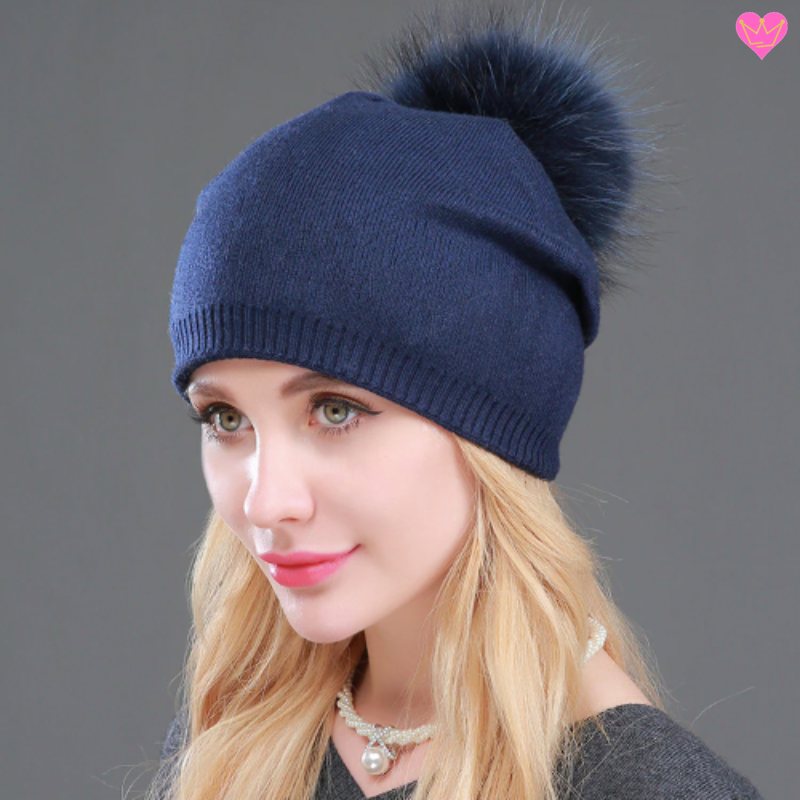bonnet avec doublure en laine cachemire et acrylique - pompon bleu naturel - bonnet coloris bleu