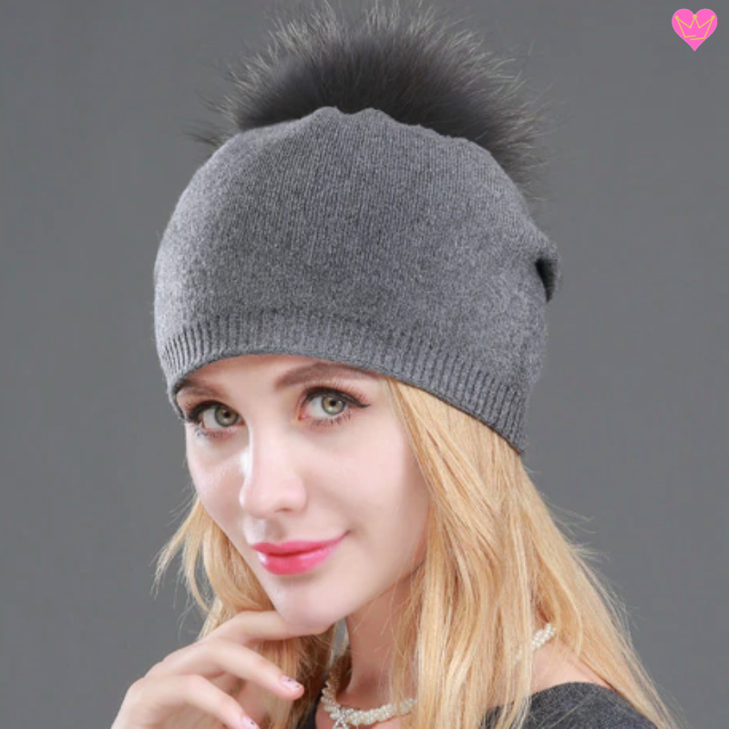 bonnet avec doublure en laine cachemire et acrylique - pompon gris naturel - bonnet coloris gris