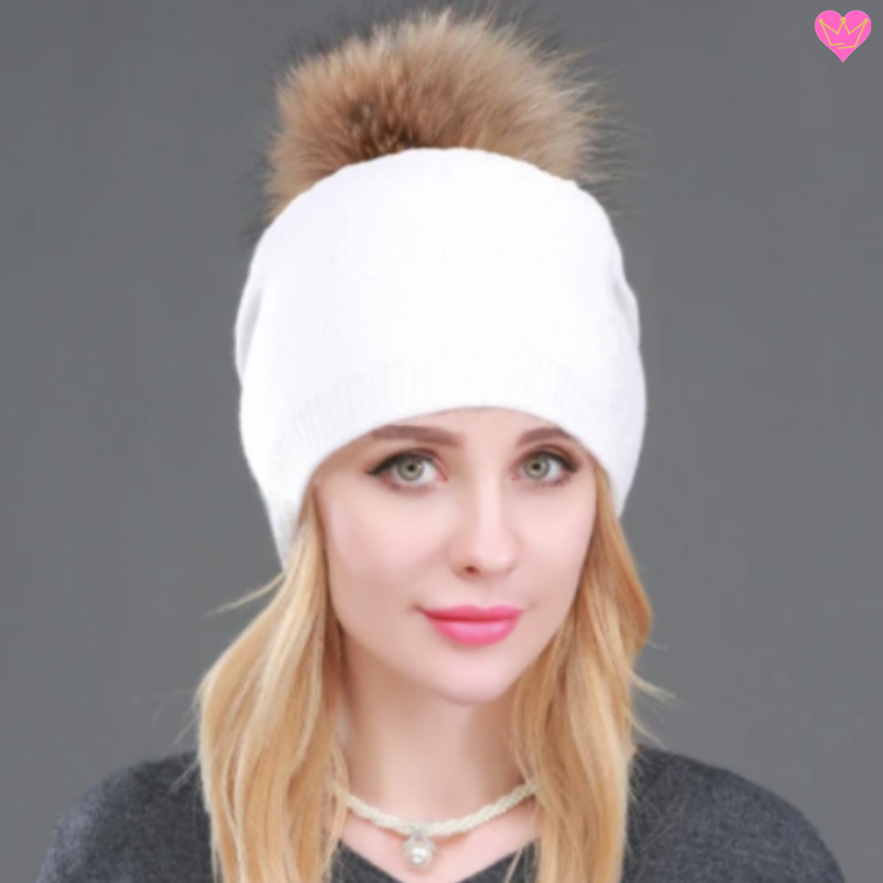 bonnet avec doublure en laine cachemire et acrylique - pompon naturel - bonnet coloris blanc