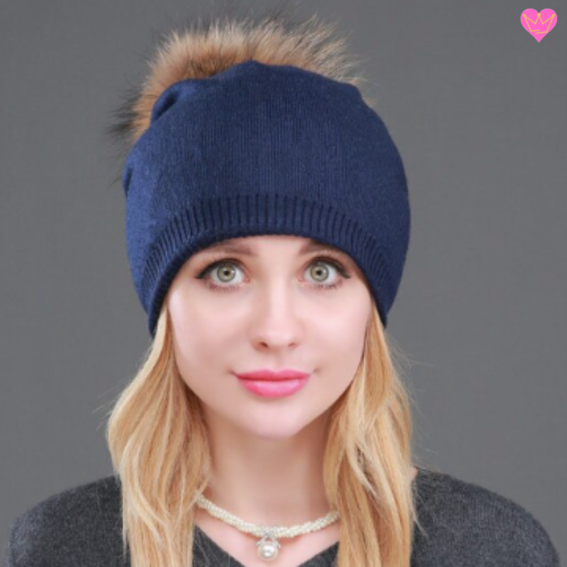 bonnet avec doublure en laine cachemire et acrylique - pompon naturel - bonnet coloris bleu