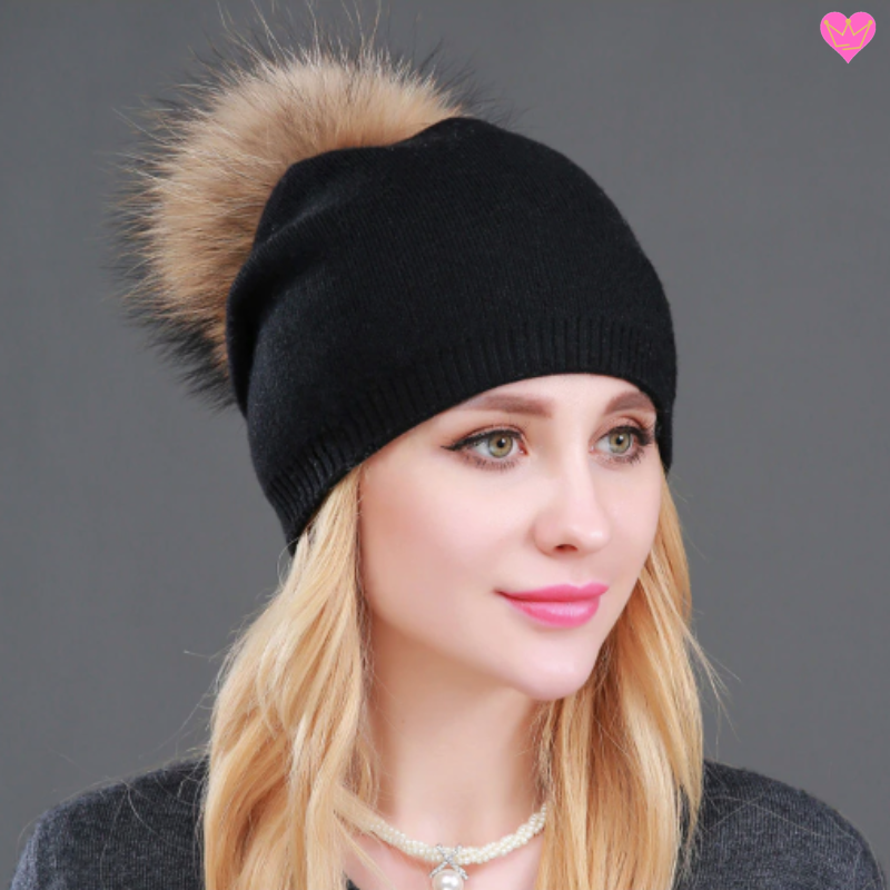 bonnet avec doublure en laine cachemire et acrylique - pompon naturel - bonnet coloris noir