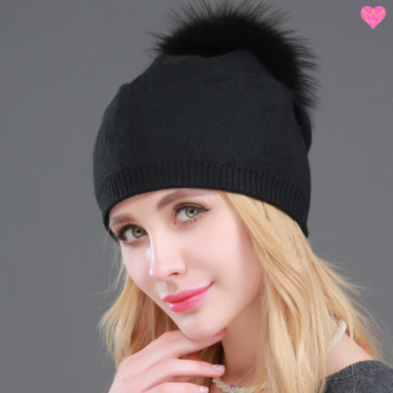bonnet avec doublure en laine cachemire et acrylique - pompon noir naturel - bonnet coloris noir
