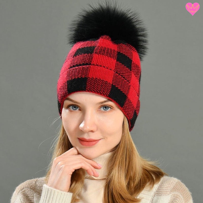 Bonnet pour femme à carreaux tricoté en laine mélangée de haute qualité - pompon simili fourrure