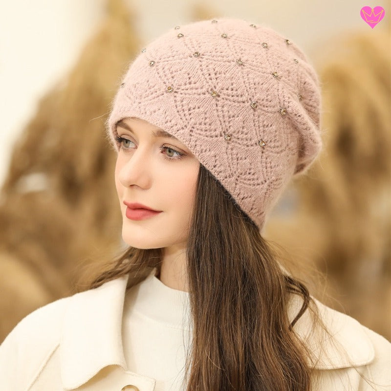 Bonnet pour femme en laine de poil de lapin et acrylique - taille unique extensible