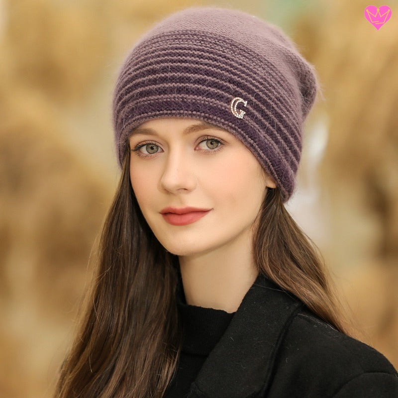 Bonnet Goldeck à rayure en laine Angora poil de lapin et laine acrylique - coloris violet clair et violet foncé
