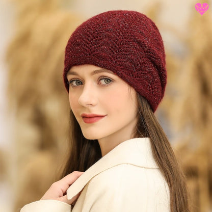 Bonnet pour femme Telluride tricoté en laine Angora de lapin et acrylique avec fil métallisé - coloris bordeaux