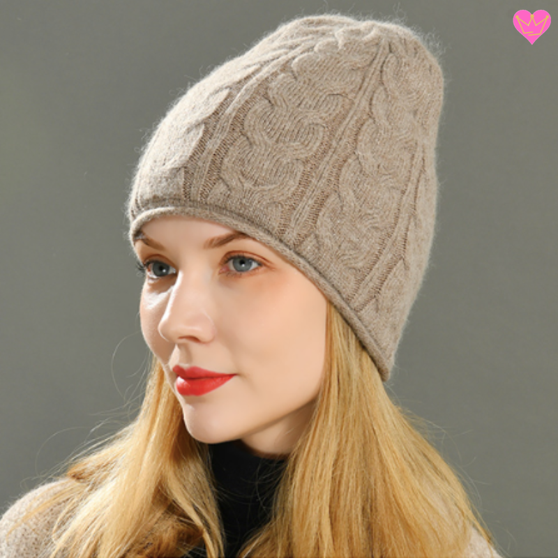 Bonnet Val Gardena avec torsades et doublure en laine douce de Cachemire et chaude en acrylique pour femme - coloris marron