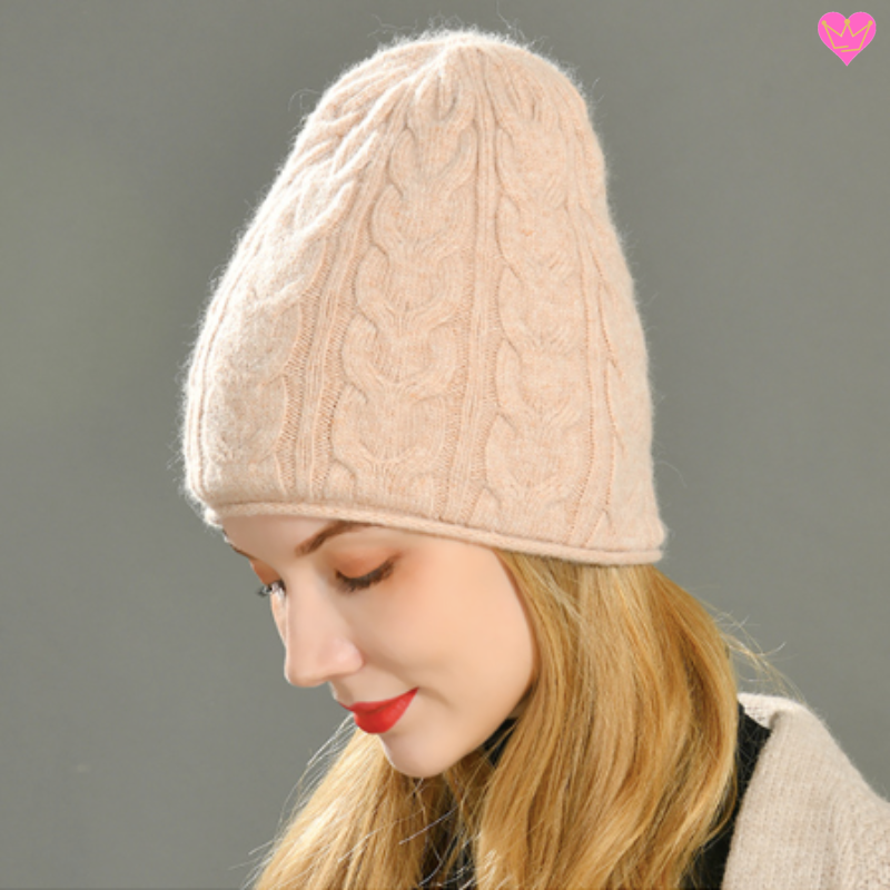 Bonnet Val Gardena avec torsades et doublure en laine douce de Cachemire et chaude en acrylique pour femme - coloris rose pâle