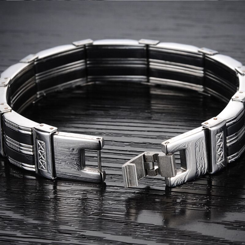 Bracelet en acier inoxydable avec maillons en silicone noir pour homme