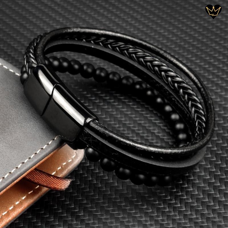 Bracelet avec perles en agates noires pour homme - matériaux cuir et acier noir