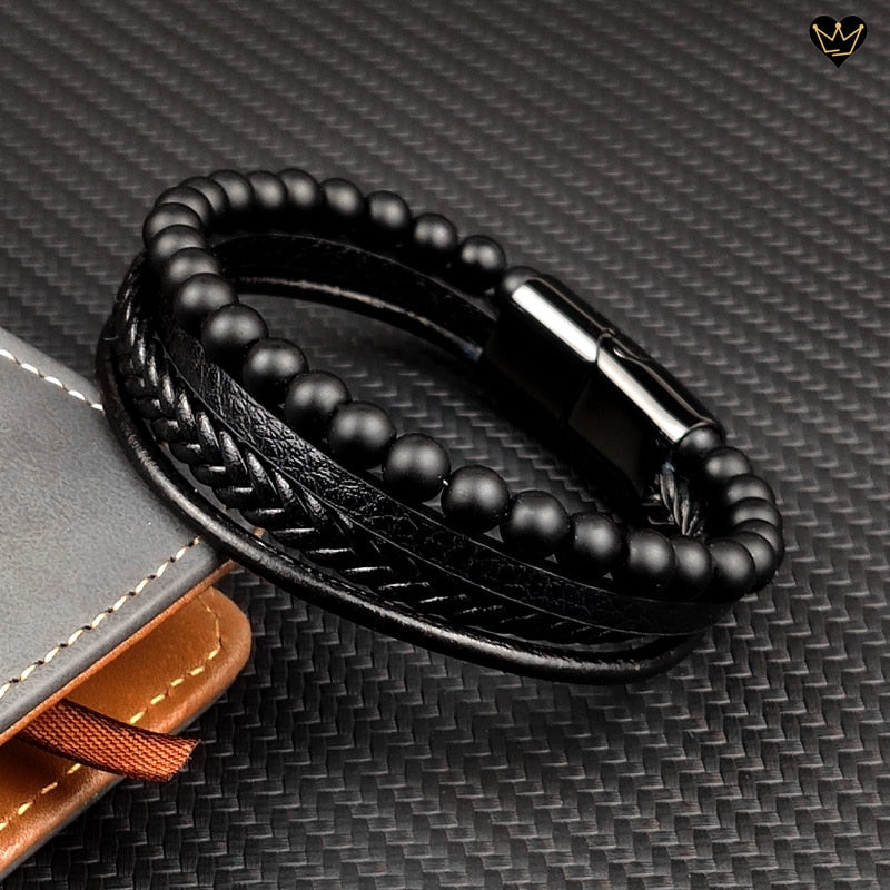 Black Leather Bracelet with Black Agate Beads for Men 
