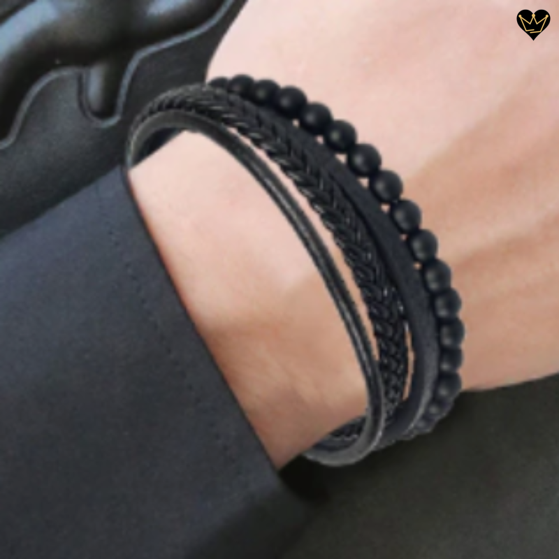 Bracelet Cuir noir avec Perles d'Agate Noire pour Homme
