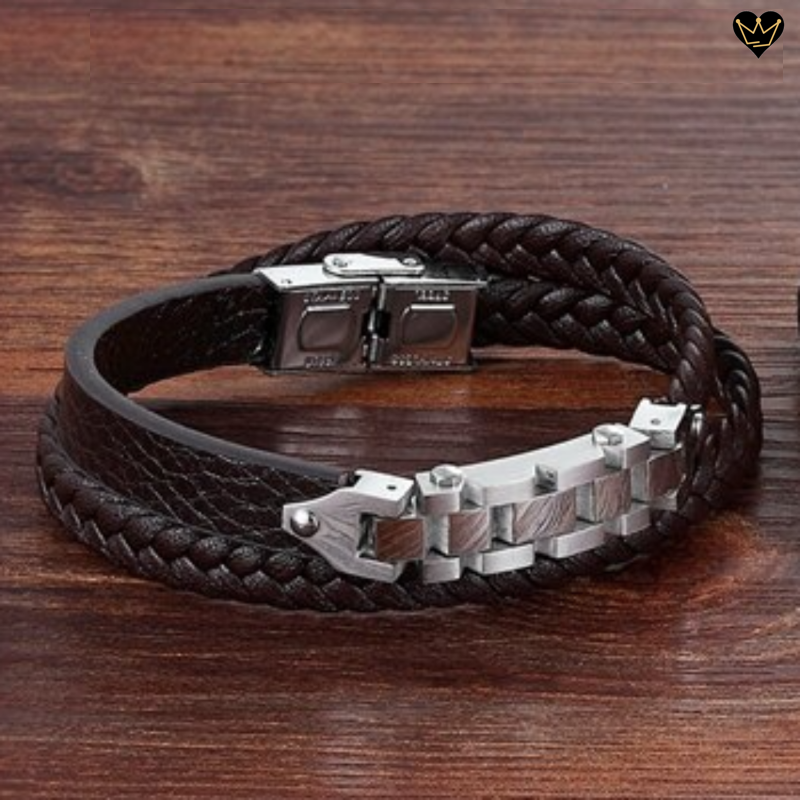Bracelet avec chaine design pour homme en cuir marron - fermoir acier inoxydable