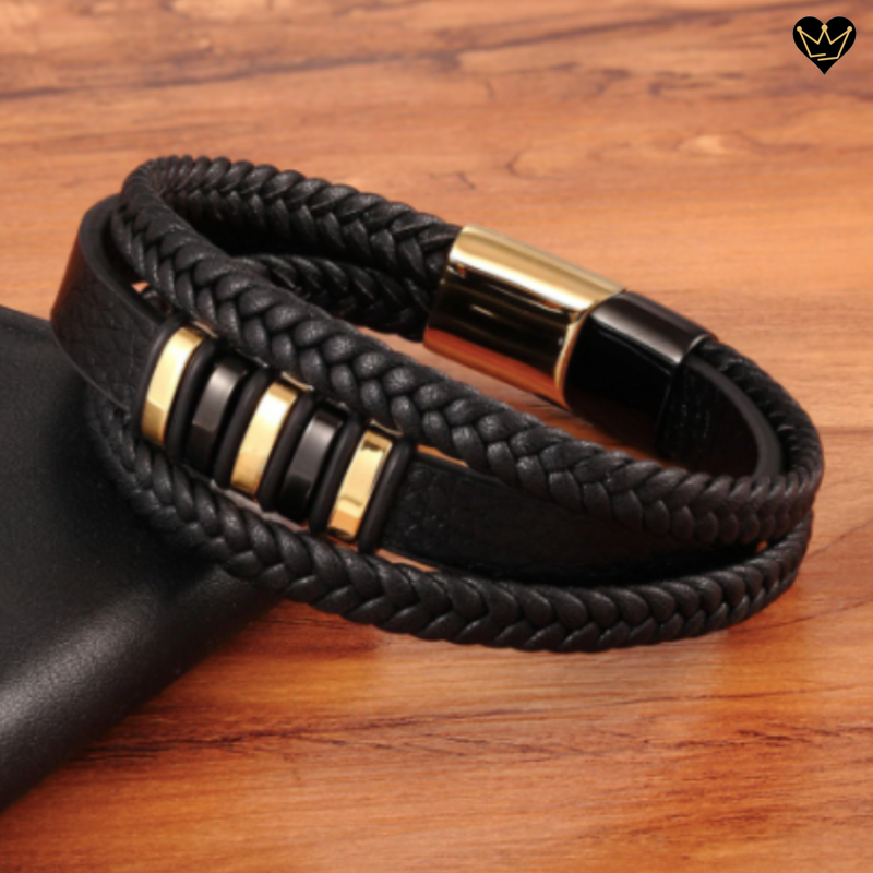 Bracelet avec charms bagues en acier inoxydable pour homme en cuir noir véritable