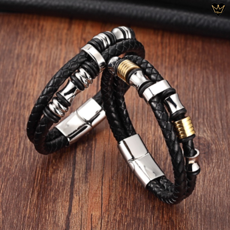 Bracelet charms diabolo argentés et perles bobine dorées en acier inoxydable - cuir noir véritable pour homme