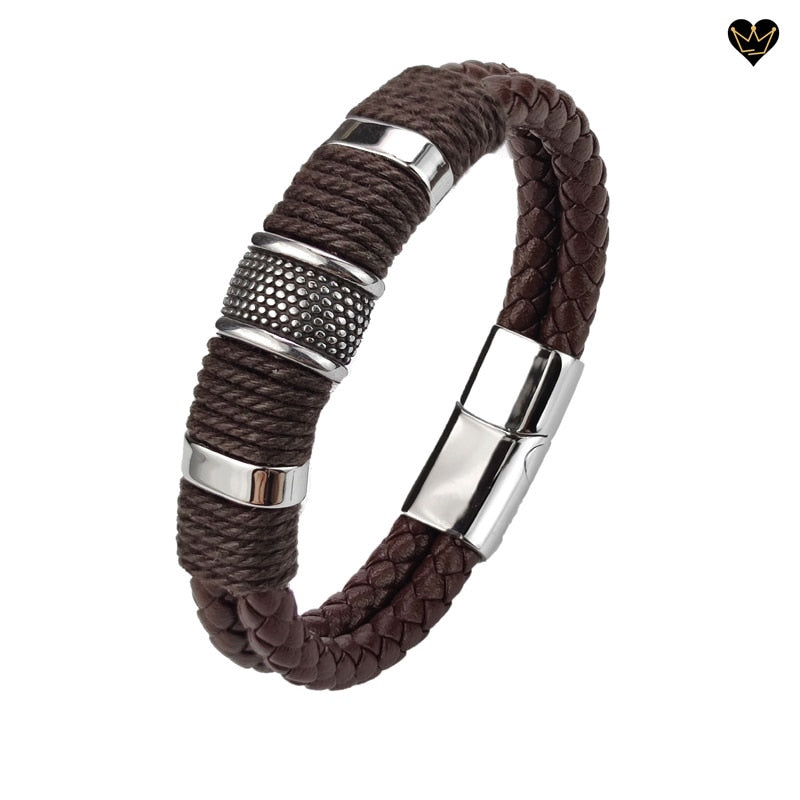 bracelet avec charms à points pour homme en cuir marron -coloris acier argent