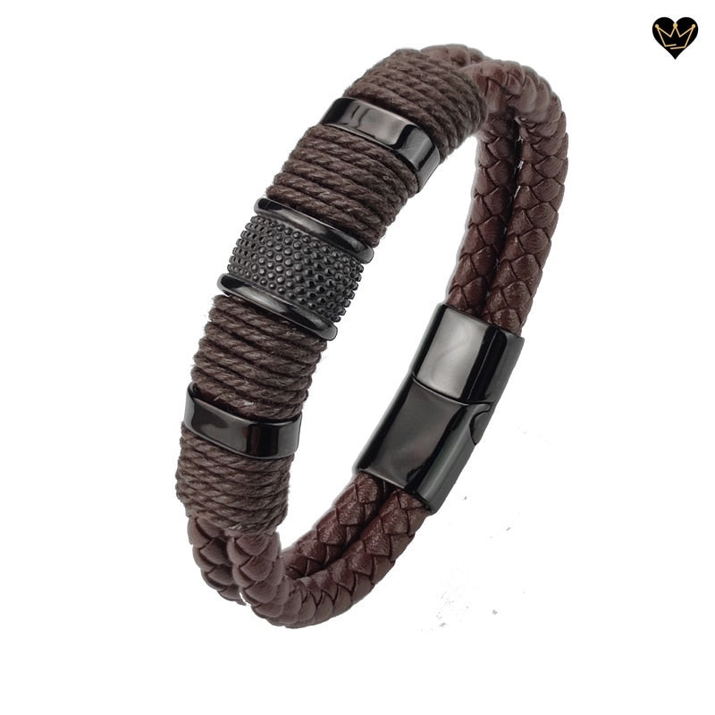 bracelet avec charms à points pour homme en cuir marron -coloris acier noir
