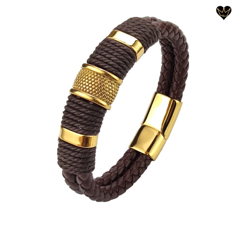 bracelet avec charms à points pour homme en cuir marron -coloris acier or