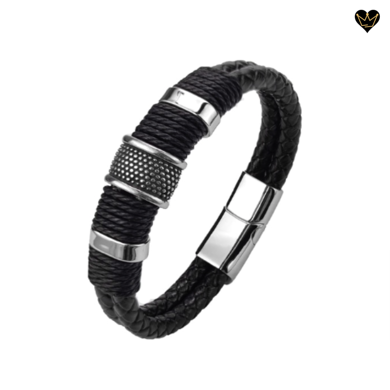bracelet avec charms à points pour homme en cuir noir - coloris acier argent