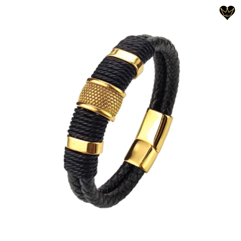 bracelet avec charms à points pour homme en cuir noir - coloris acier or