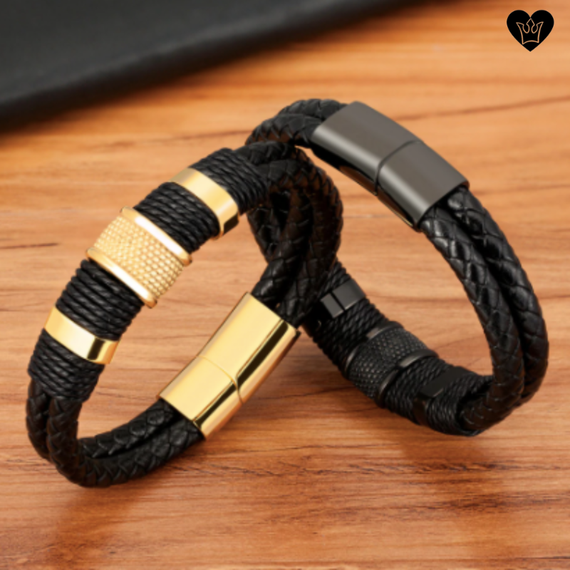 Bracelet avec corde et lanières en cuir noir - Charms et fermoir magnétique en acier